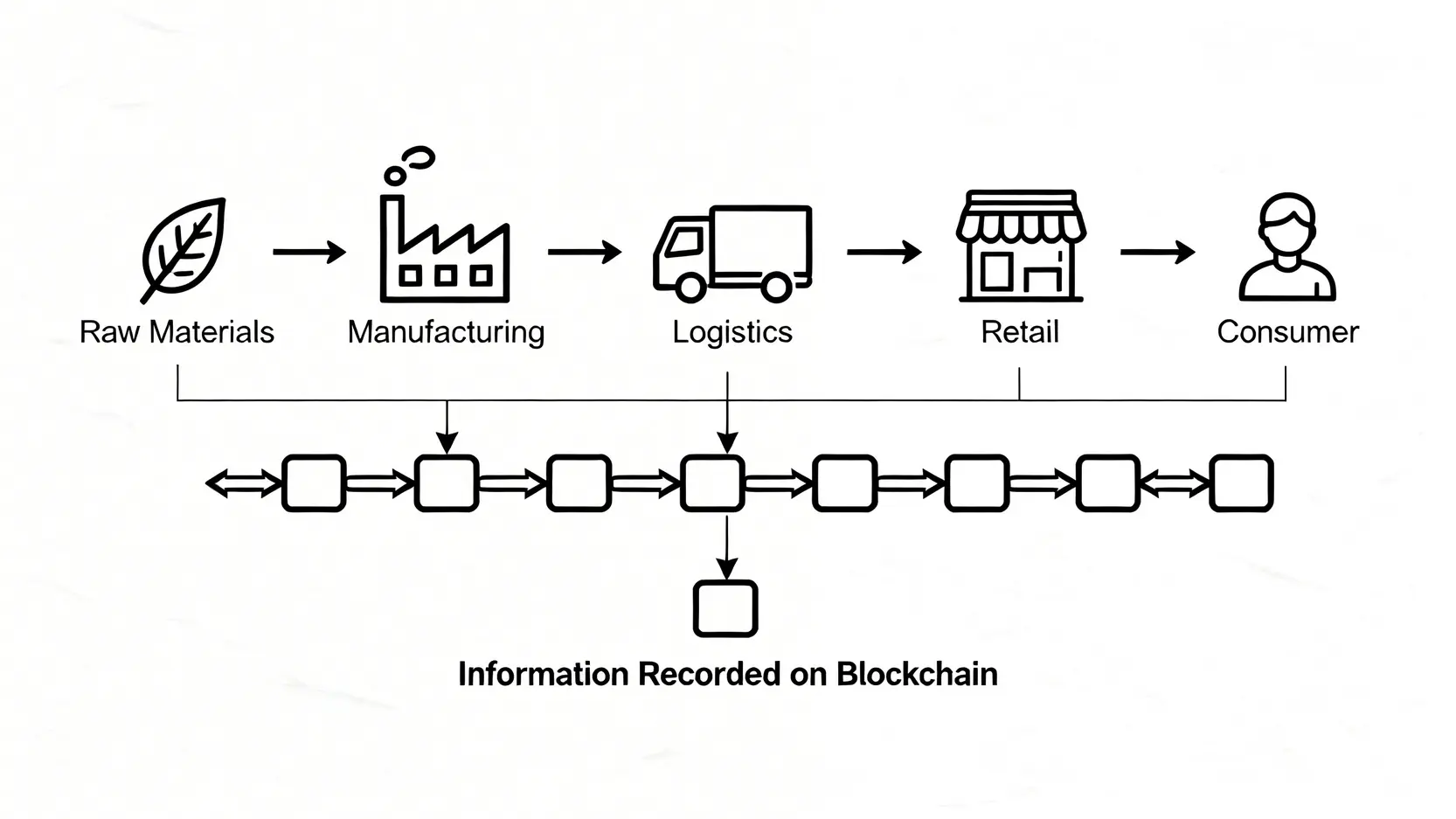 聯盟鏈是什麼?一篇搞懂公有鏈、私有鏈與企業區塊鏈的應用與比較 供應鏈產品履歷區塊鏈應用流程圖,展示從原料、生產到銷售各環節資訊上鏈的過程。