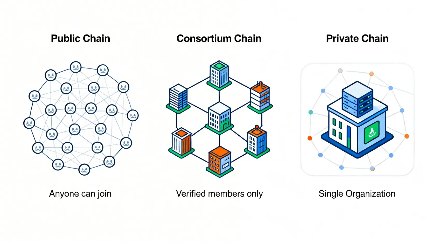 聯盟鏈是什麼?一篇搞懂公有鏈、私有鏈與企業區塊鏈的應用與比較 公有鏈、私有鏈與聯盟鏈的三種區塊鏈類型結構示意圖,展示其開放、封閉與多中心的特性。