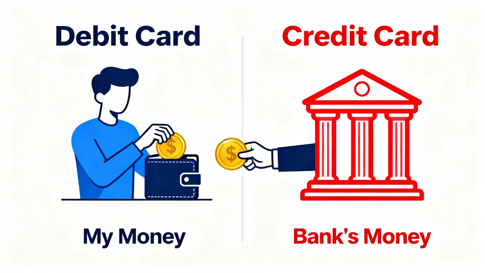 Visa金融卡與信用卡的差別圖，左邊顯示金融卡是花自己的錢，右邊顯示信用卡是花銀行預借的錢。