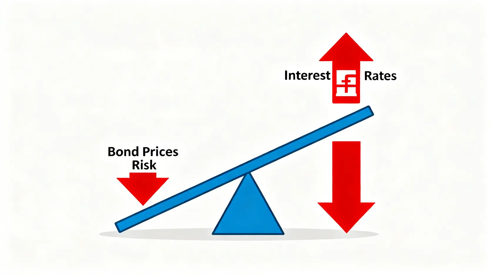 利率與債券價格關係圖：一個蹺蹺板，一端利率上升，另一端債券價格下降，呈反向關係。