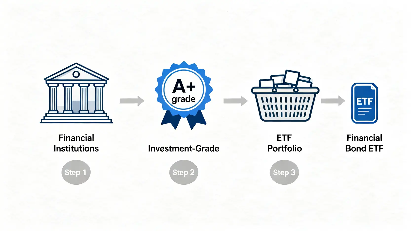一張圖解釋金融債券ETF的組成，包含金融機構、投資級評等和ETF基金三個要素。