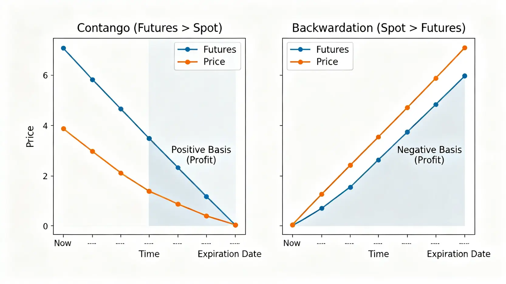 期貨套利教學:5步驟掌握期現套利策略,穩定賺取市場價差! 一張圖解釋期貨的正價差與逆價差,以及兩者價格隨時間最終收斂的原理。