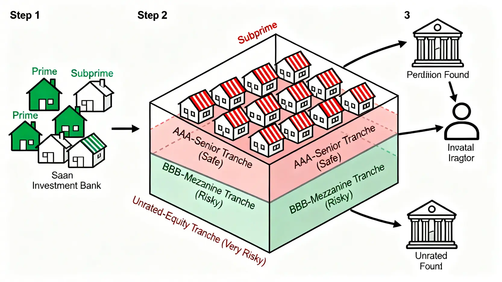 擔保債務憑證CDO的運作流程圖，展示了從打包次級房貸到分層銷售給投資人的過程。