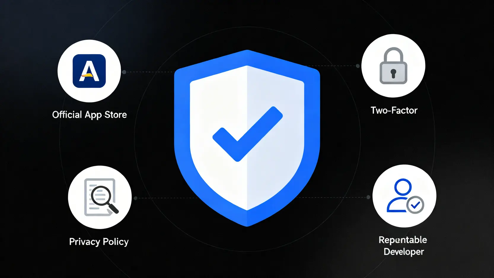 【理財App推薦】15款記帳/存錢/投資App最強比較指南(iOS/Android) 一張資訊圖表,展示選擇理財App時需要注意的四個安全性重點:官方管道下載、開發商信譽、隱私權政策和雙重認證。