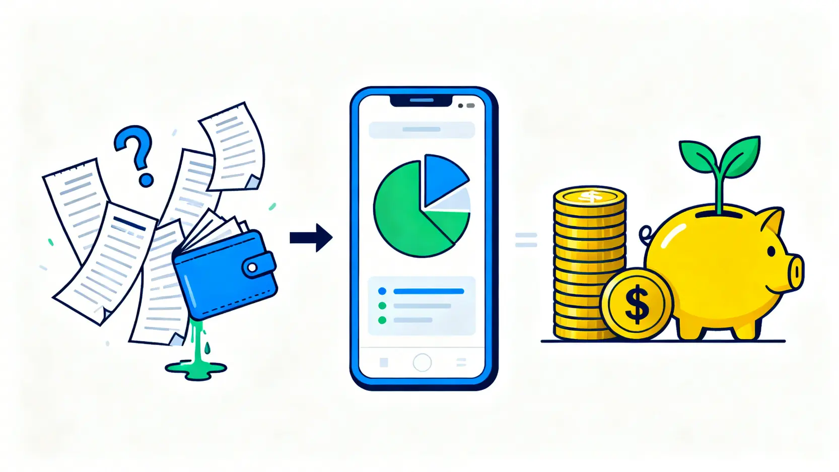 【理財App推薦】15款記帳/存錢/投資App最強比較指南(iOS/Android) 一張示意圖,展示理財App如何將混亂的財務狀況(如飛散的收據和問號)轉化為清晰有序的結果(如增長的儲蓄和圖表)。