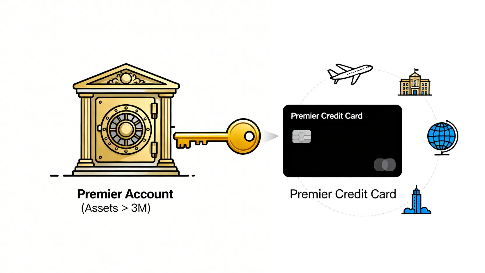 滙豐卓越理財信用卡全攻略:年費、機場貴賓室與頂級信用卡比較 滙豐卓越理財帳戶是解鎖卓越理財信用卡及全球禮遇的鑰匙概念圖