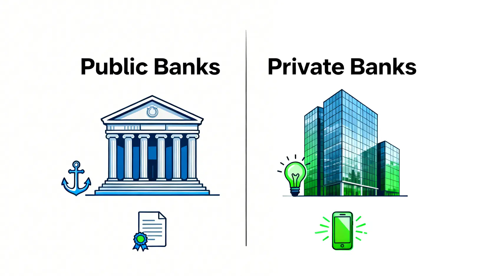 2026台灣金融業全攻略:從銀行排名、金控介紹到熱門工作內容一篇搞懂 公股行庫與民營銀行的特色比較圖,左邊是穩重的公股行庫,右邊是創新的民營銀行。