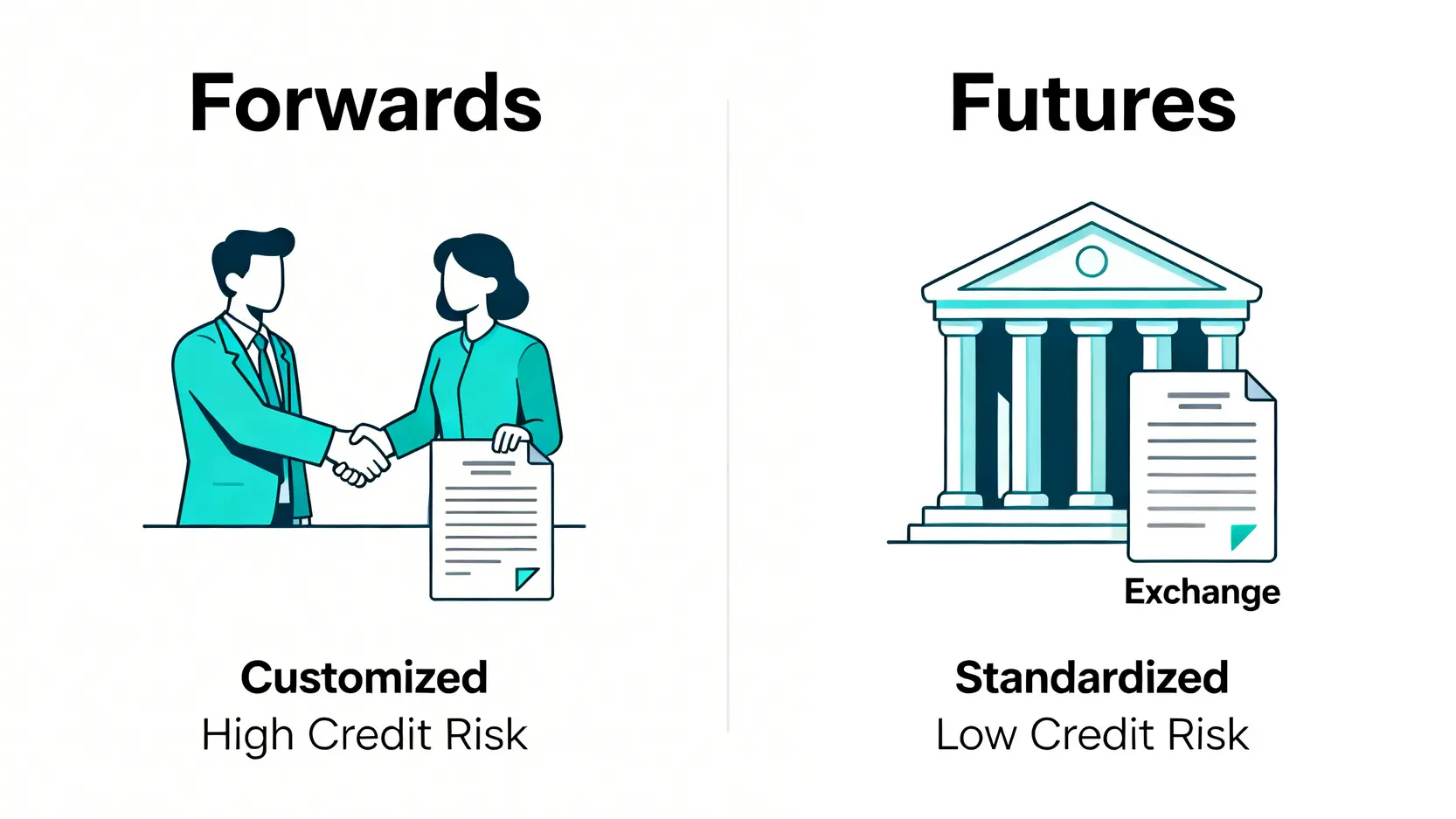 遠期契約與期貨的比較圖，顯示兩者在標準化程度與信用風險上的差異。