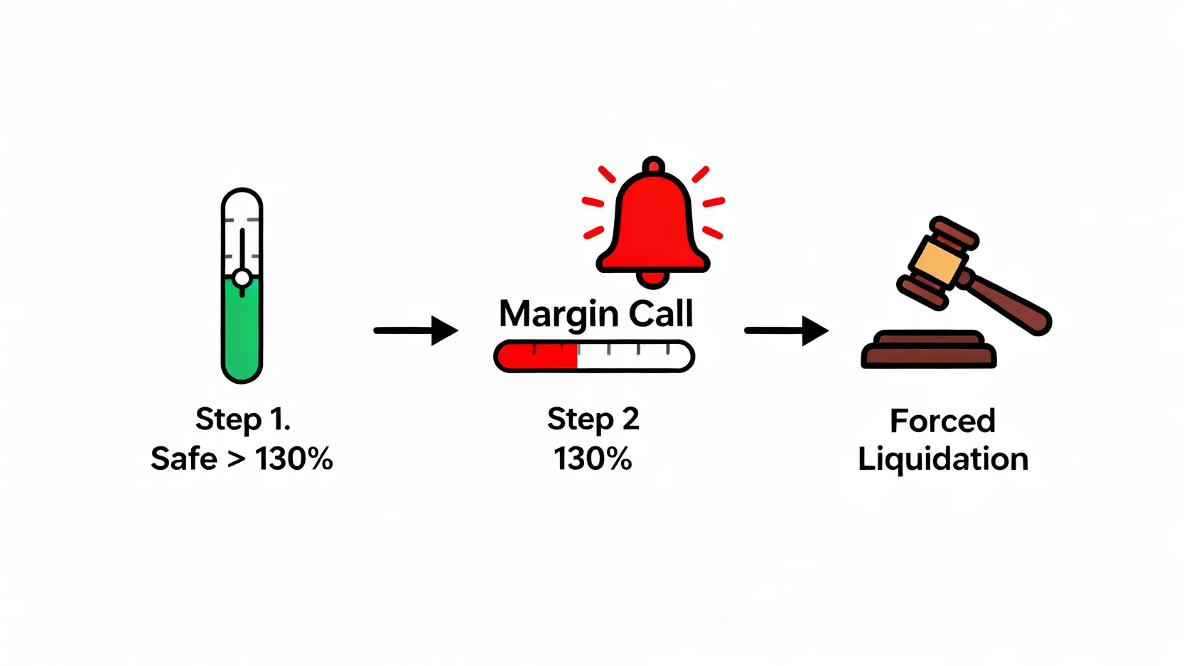 股票融資好處有哪些?融資槓桿操作全攻略,用對時機放大獲利 融資維持率示意圖,顯示當股票現值下跌導致維持率低於130%時,將觸發追繳通知,若未補繳將面臨強制賣出的斷頭風險。