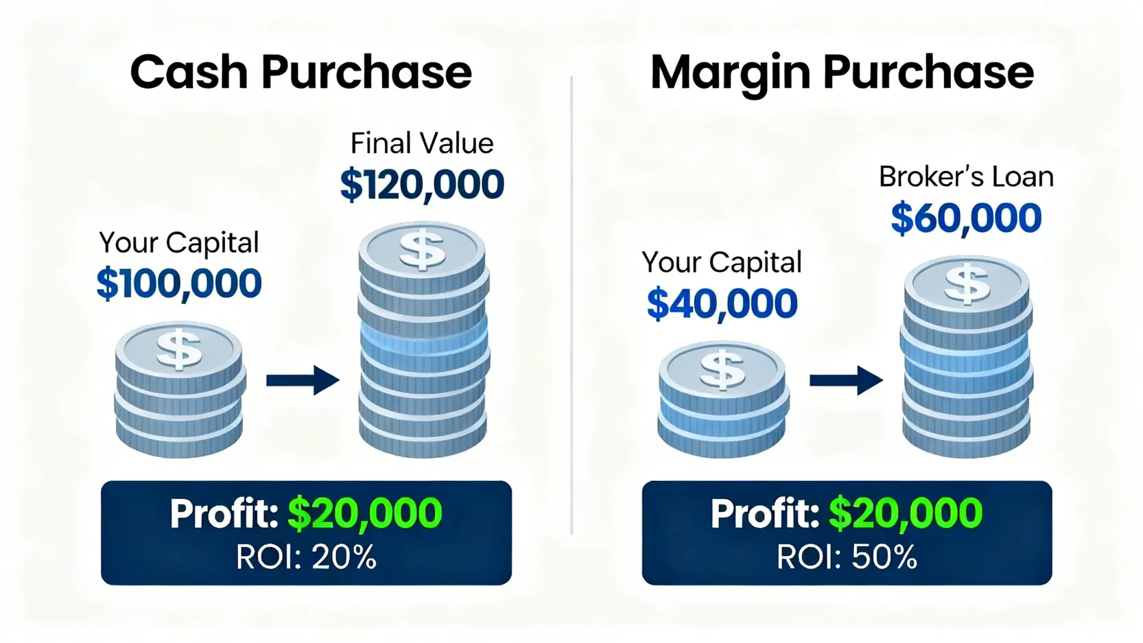 股票融資好處有哪些?融資槓桿操作全攻略,用對時機放大獲利 股票融資報酬率比較圖,顯示使用融資(本金4萬,報酬率50%)與未使用融資(本金10萬,報酬率20%)的差異。