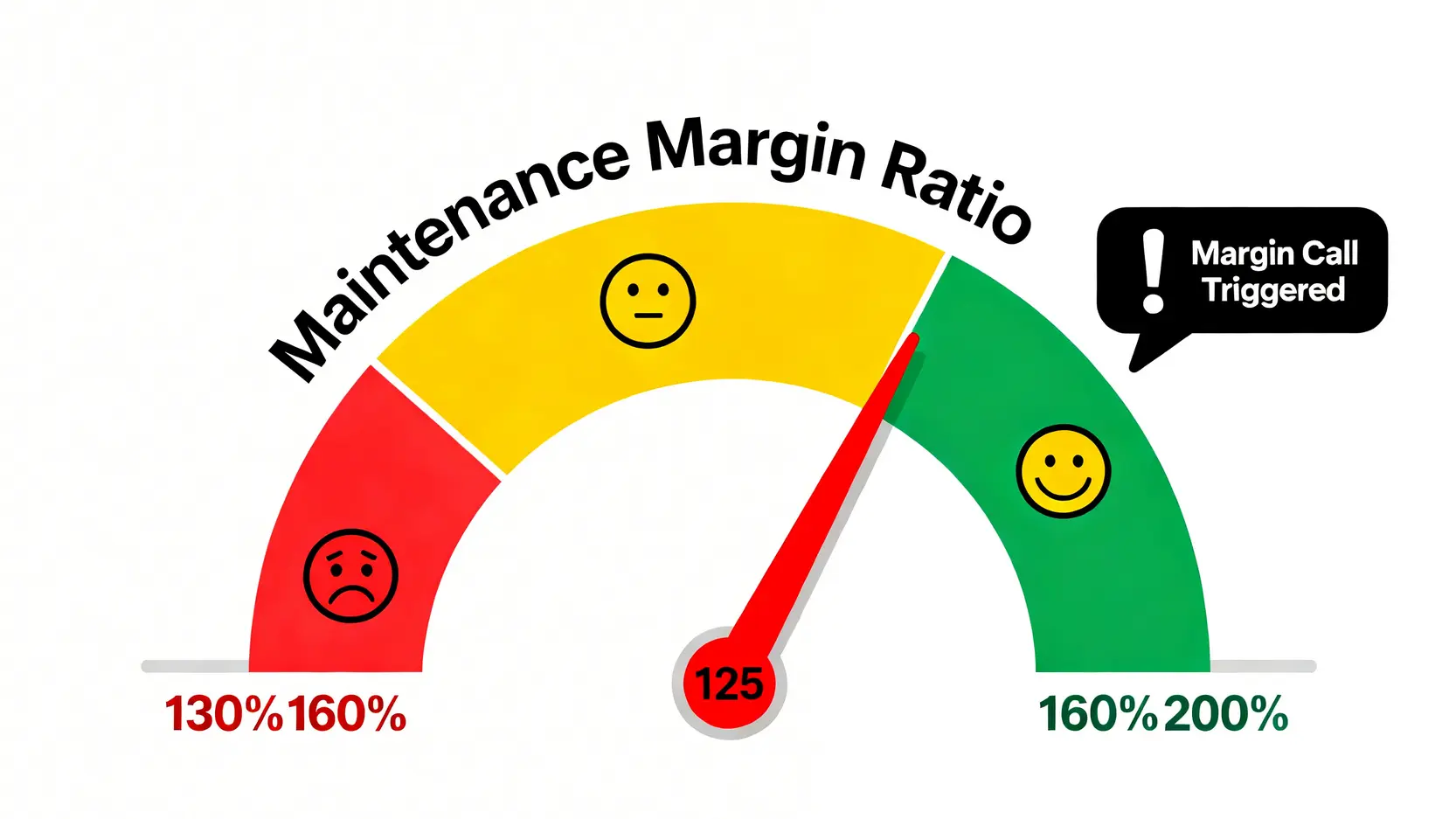 融資融券是什麼?股票融資意思、融券玩法到斷頭風險一篇搞定! 融資維持率風險儀表板,顯示當維持率低於130%時將觸發追繳通知的危險區間。