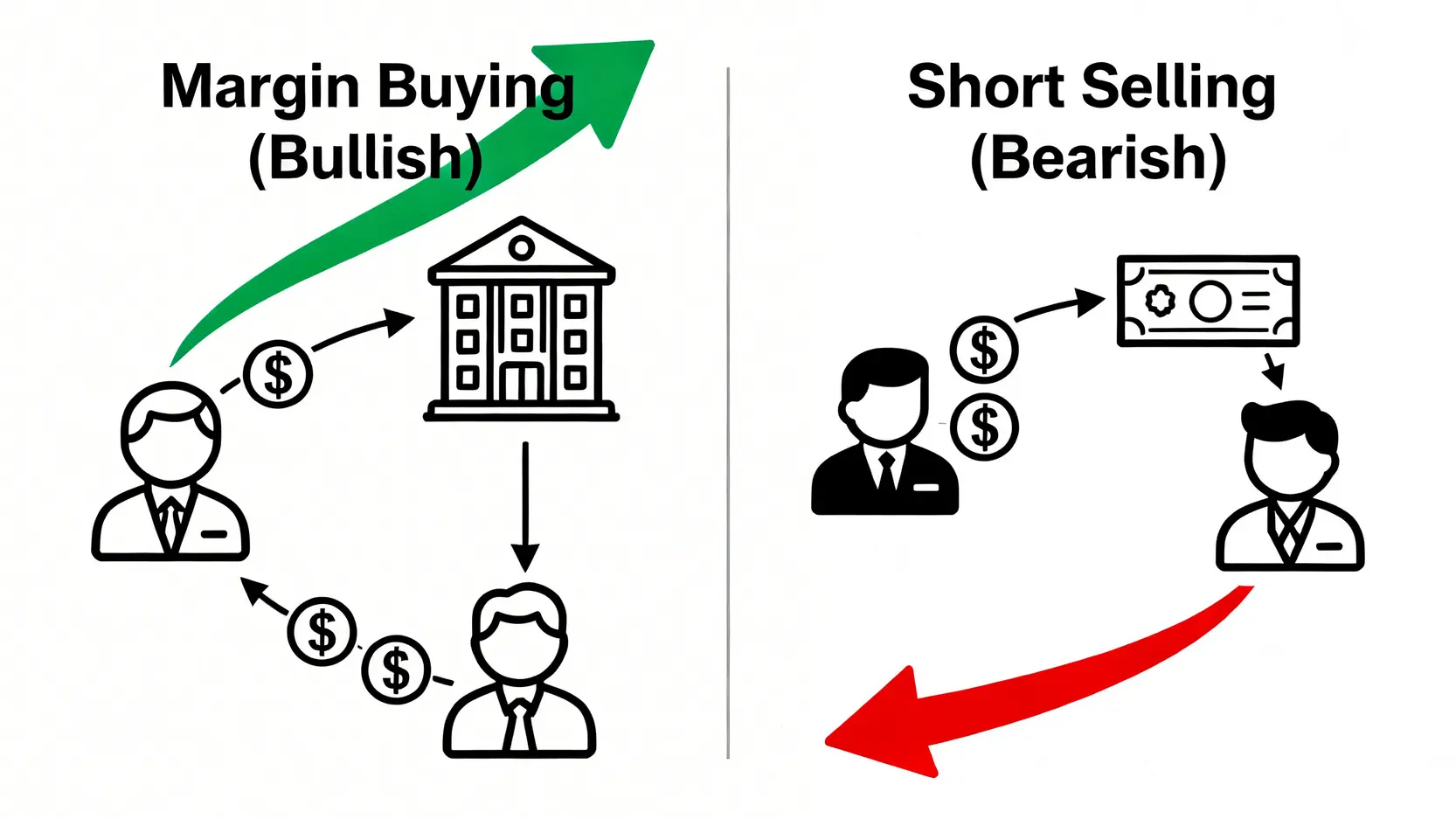 融資融券是什麼?股票融資意思、融券玩法到斷頭風險一篇搞定! 融資做多與融券放空的流程對比圖,左邊顯示借錢買股看漲,右邊顯示借券賣股看跌。