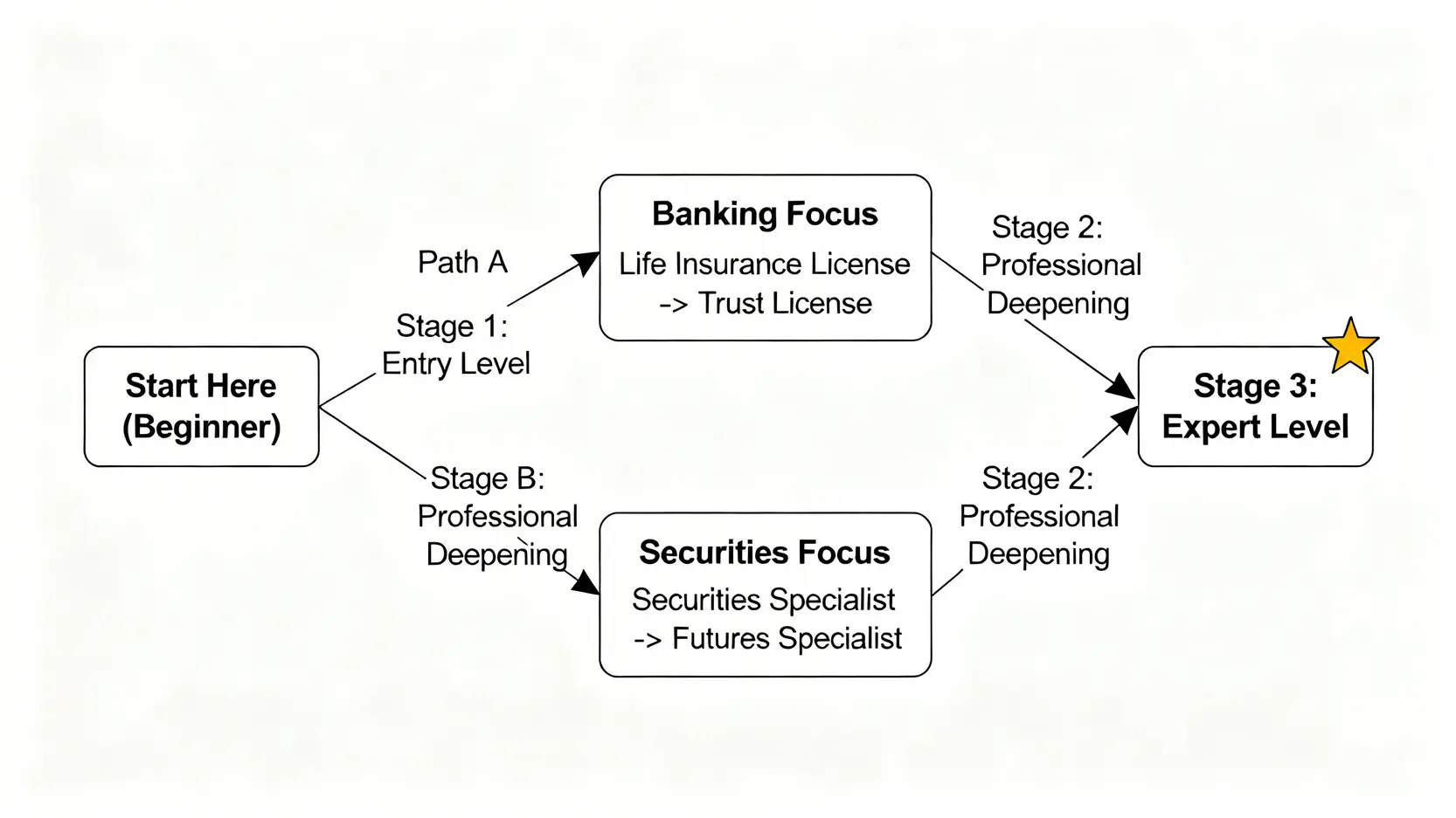 一張金融證照考試順序的流程圖，為新手規劃了從入門到進階，並區分銀行和證券兩大領域的建議路徑。