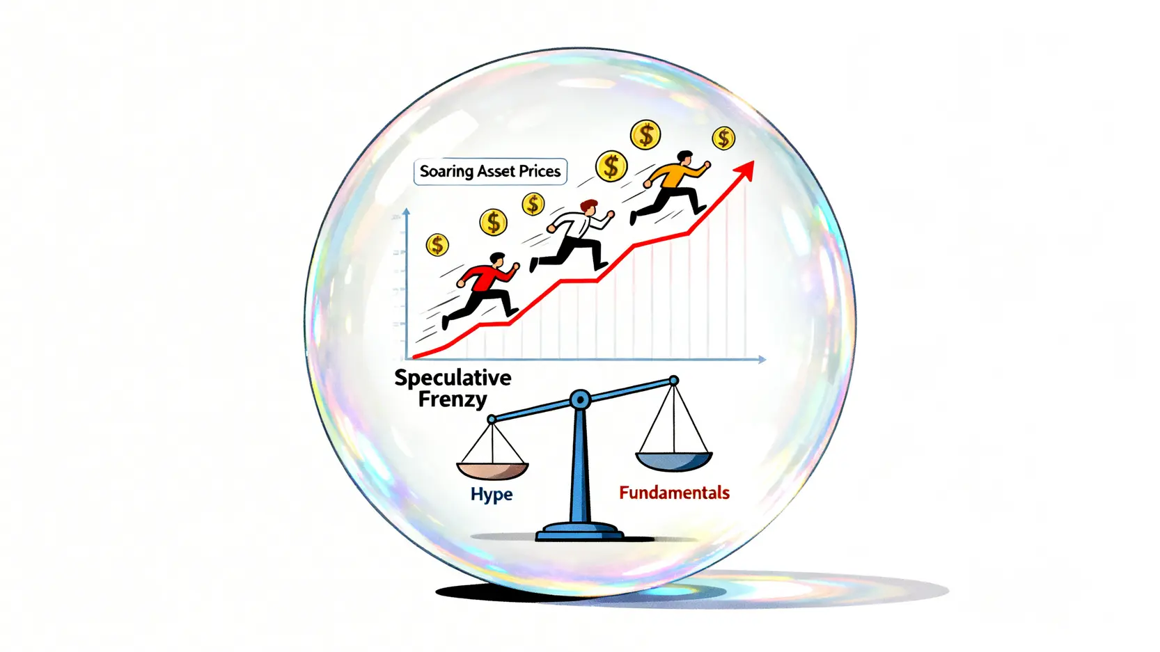 國際金融情勢懶人包:秒懂經濟泡沫化定義、金融戰爭與全球金融中心排行 經濟泡沫三大特徵的概念圖,包含資產價格飆漲、投機狂熱和脫離基本面。