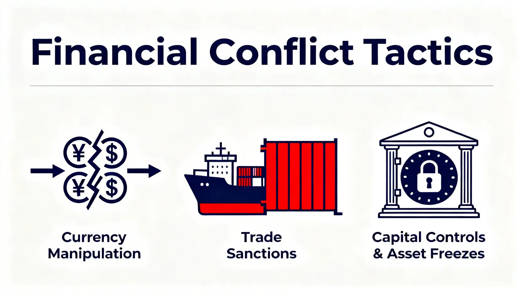 國際金融情勢懶人包:秒懂經濟泡沫化定義、金融戰爭與全球金融中心排行 金融戰爭的三種主要戰術:匯率操縱、貿易制裁、資本管制。