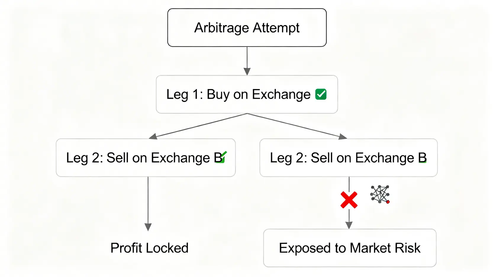 套利是什麼?一篇看懂無風險套利原理、5大策略與實際陷阱 一張解釋套利執行風險的流程圖,顯示多腿交易中,一筆交易成功而另一筆失敗,導致交易者暴露在市場風險之中。