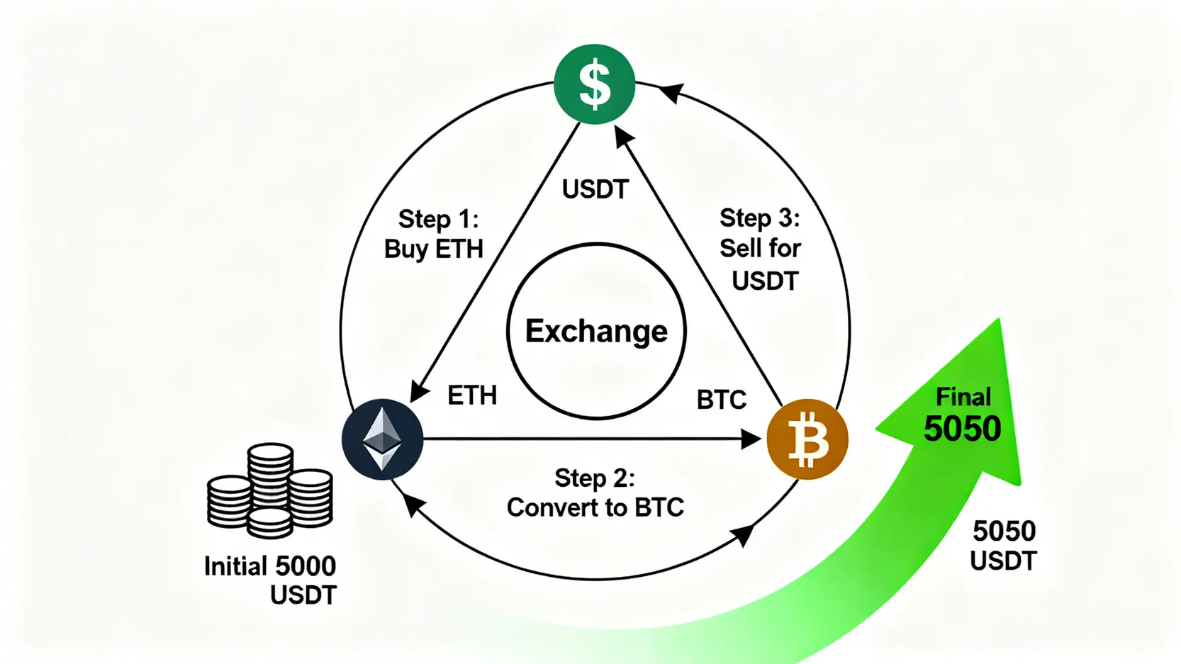 加密貨幣套利終極指南:從三角套利到自動化機器人,5大低風險策略詳解 三角套利流程示意圖,展示了資金如何從USDT開始,依次轉換為ETH和BTC,最終換回更多USDT的循環獲利過程。