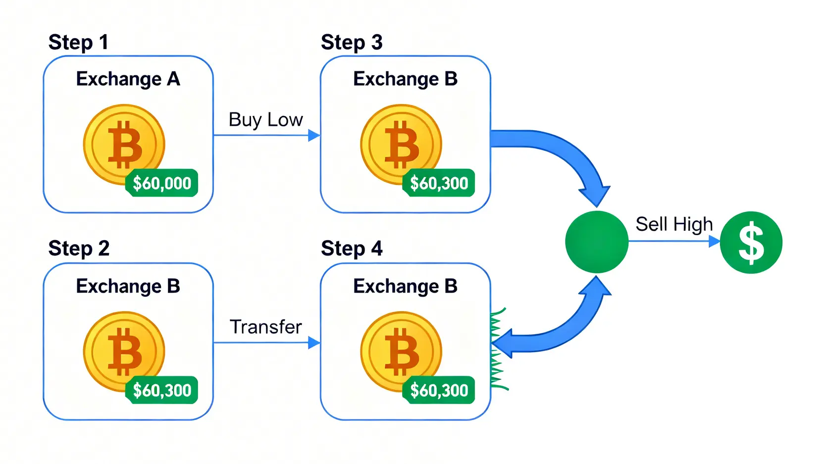 加密貨幣套利終極指南:從三角套利到自動化機器人,5大低風險策略詳解 加密貨幣跨平台套利(搬磚)的流程圖,展示了在A交易所低價買入,轉移到B交易所高價賣出的四個步驟。