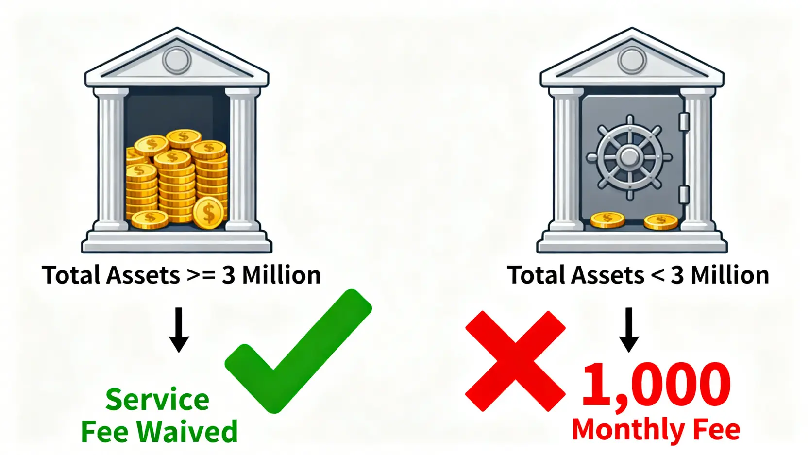 渣打優先理財門檻要多少?2026最新開戶條件、5大VIP好處懶人包 圖表說明渣打優先理財帳戶管理費的減免條件,資產總額達三百萬則免收,未達則收取一千元月費。