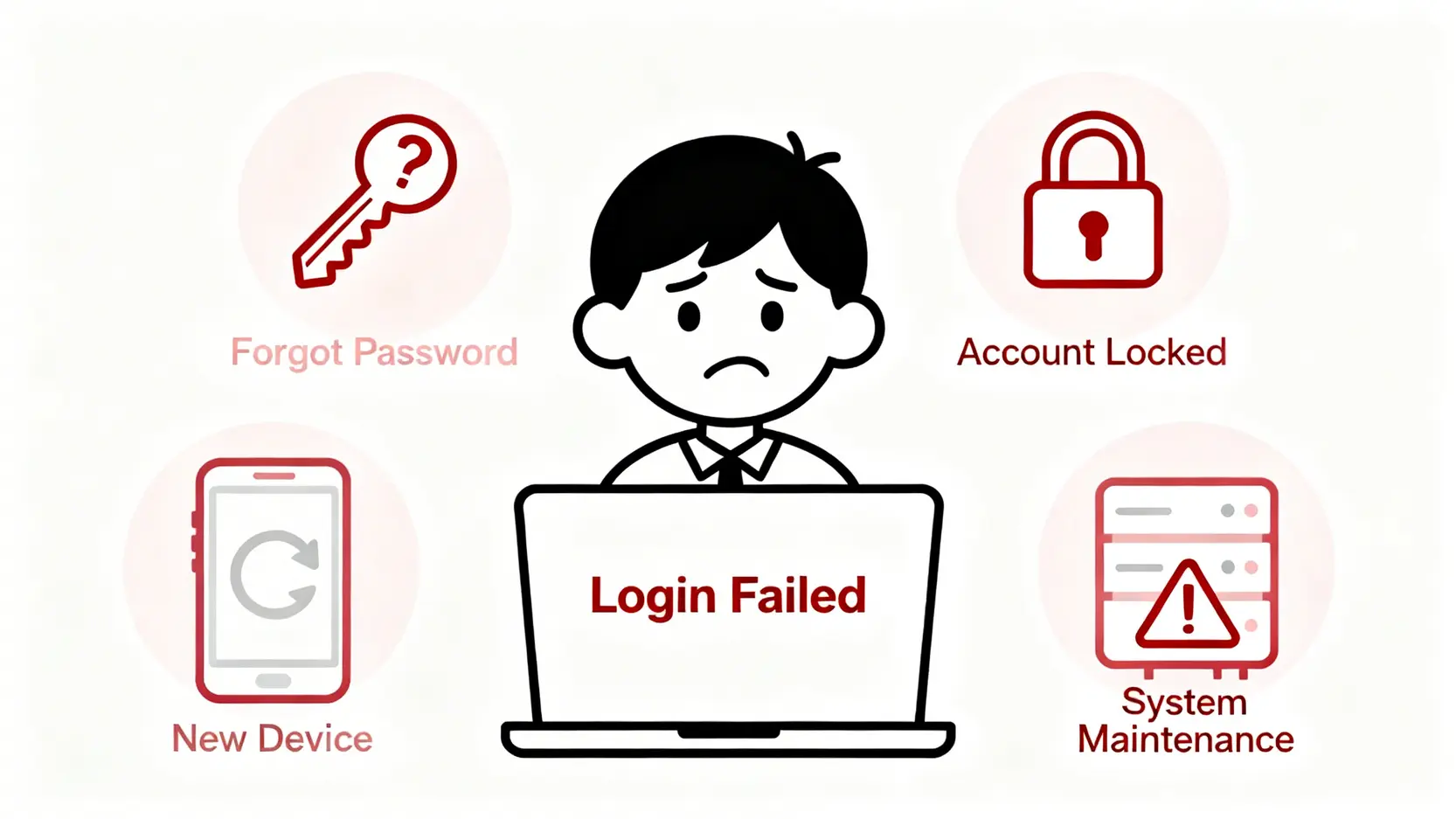 滙豐網路銀行登入不了?圖解教學:從申請、App下載到忘記密碼一次搞定! 四種常見的滙豐網銀無法登入狀況示意圖,包括忘記密碼、帳戶鎖定、更換手機和系統維護。