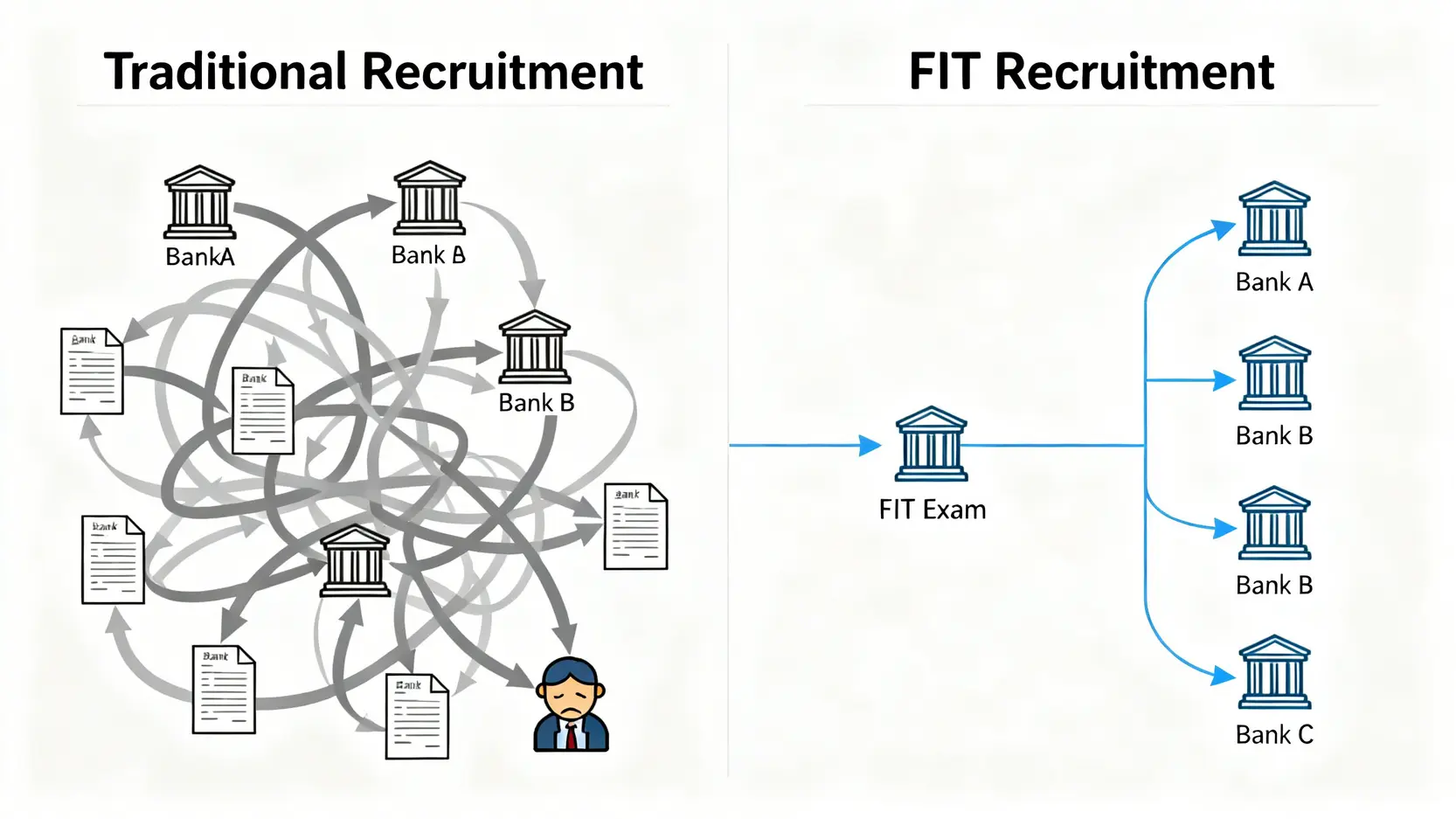 金融基測是什麼?FIT考試科目、報名、銀行招考準備全攻略 金融基測FIT與傳統銀行獨立招考的流程對比圖,顯示FIT如何簡化求職過程。