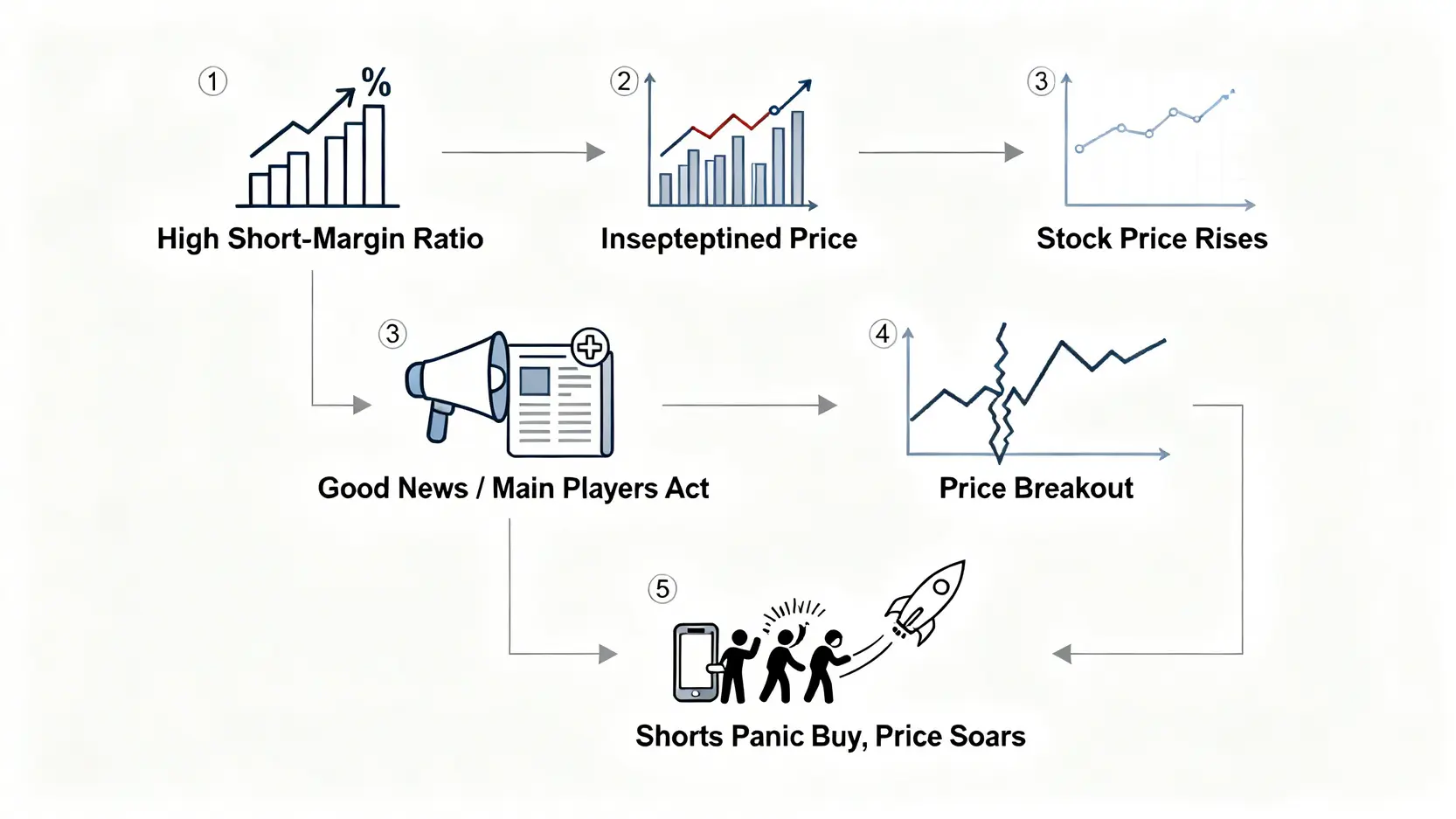 券資比怎麼看?一篇搞懂高低影響、軋空行情與融券回補時機 軋空行情觸發過程的五個步驟流程圖,從高券資比開始到股價飆漲。