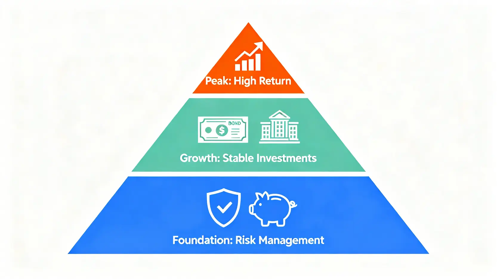 理財工具有哪些?一篇看懂理財金字塔與7大投資工具,掌握資產配置建議 理財金字塔三層結構圖,底層為風險保障,中層為穩健增長,頂層為高風險高回報。