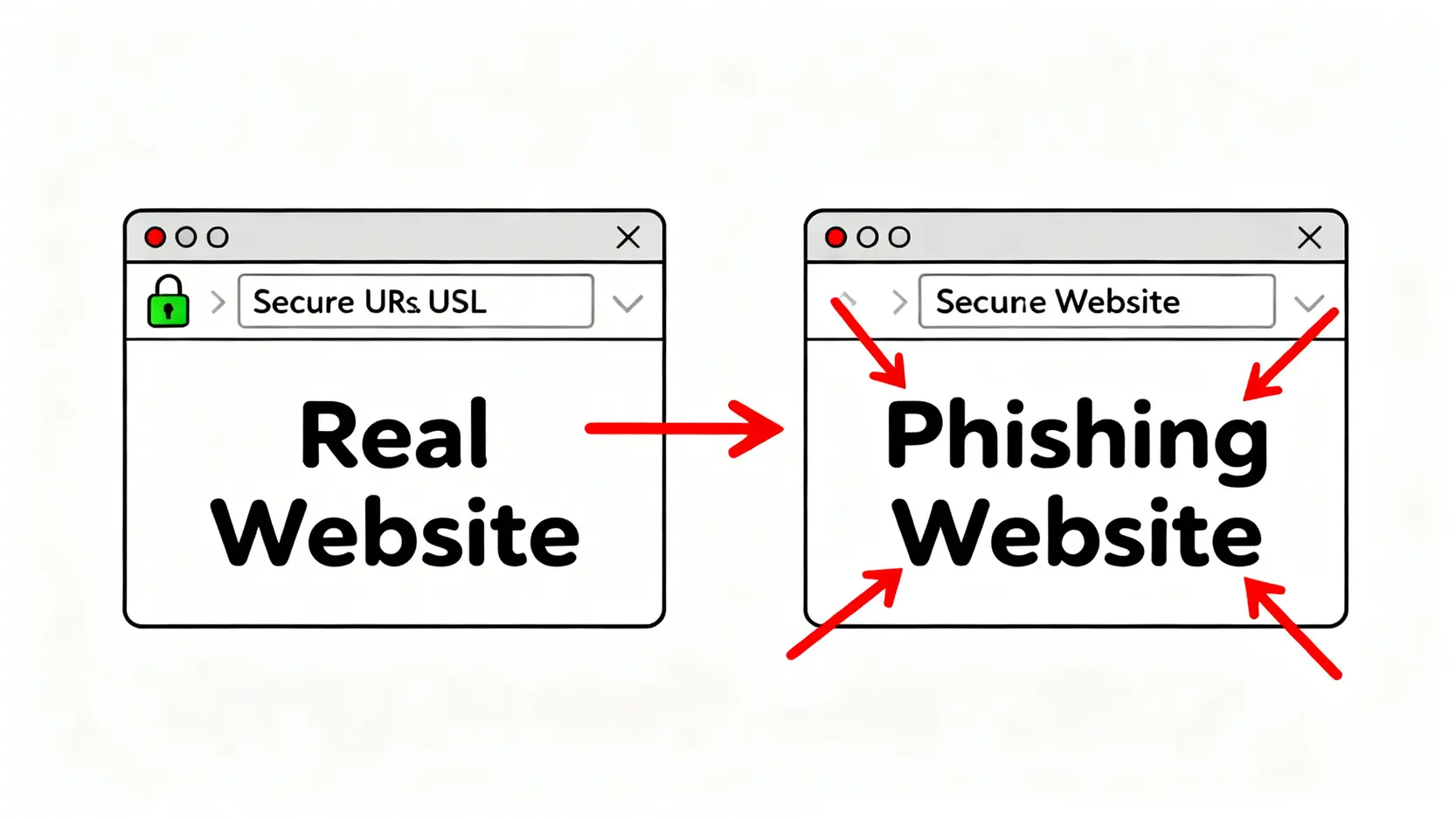 真實銀行網站與釣魚詐騙網站的對比圖，指出釣魚網站在網址、安全鎖、和文字上的可疑之處。