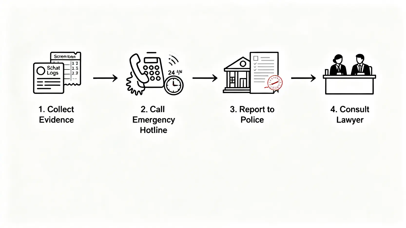 投資詐騙受騙後自救SOP流程圖，包含蒐集證據、撥打165、警局報案、諮詢律師四個步驟。