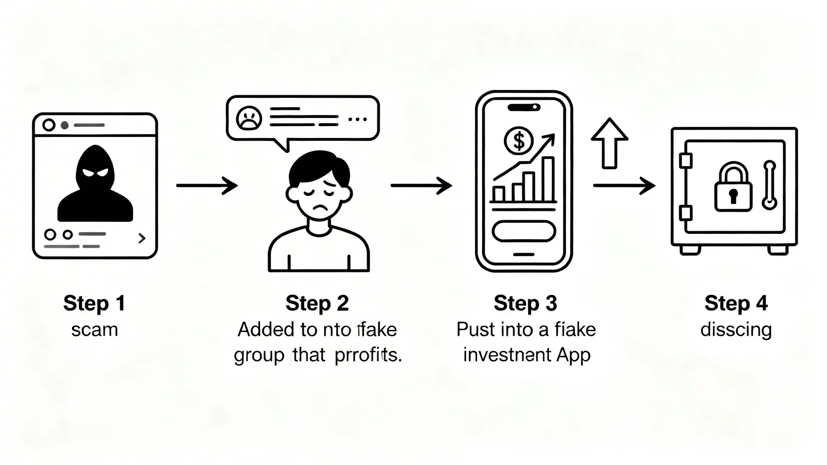 假投資詐騙流程圖，展示詐騙集團如何透過社群媒體接觸、拉入LINE群組、誘導下載假APP到最後跑路的四個步驟。