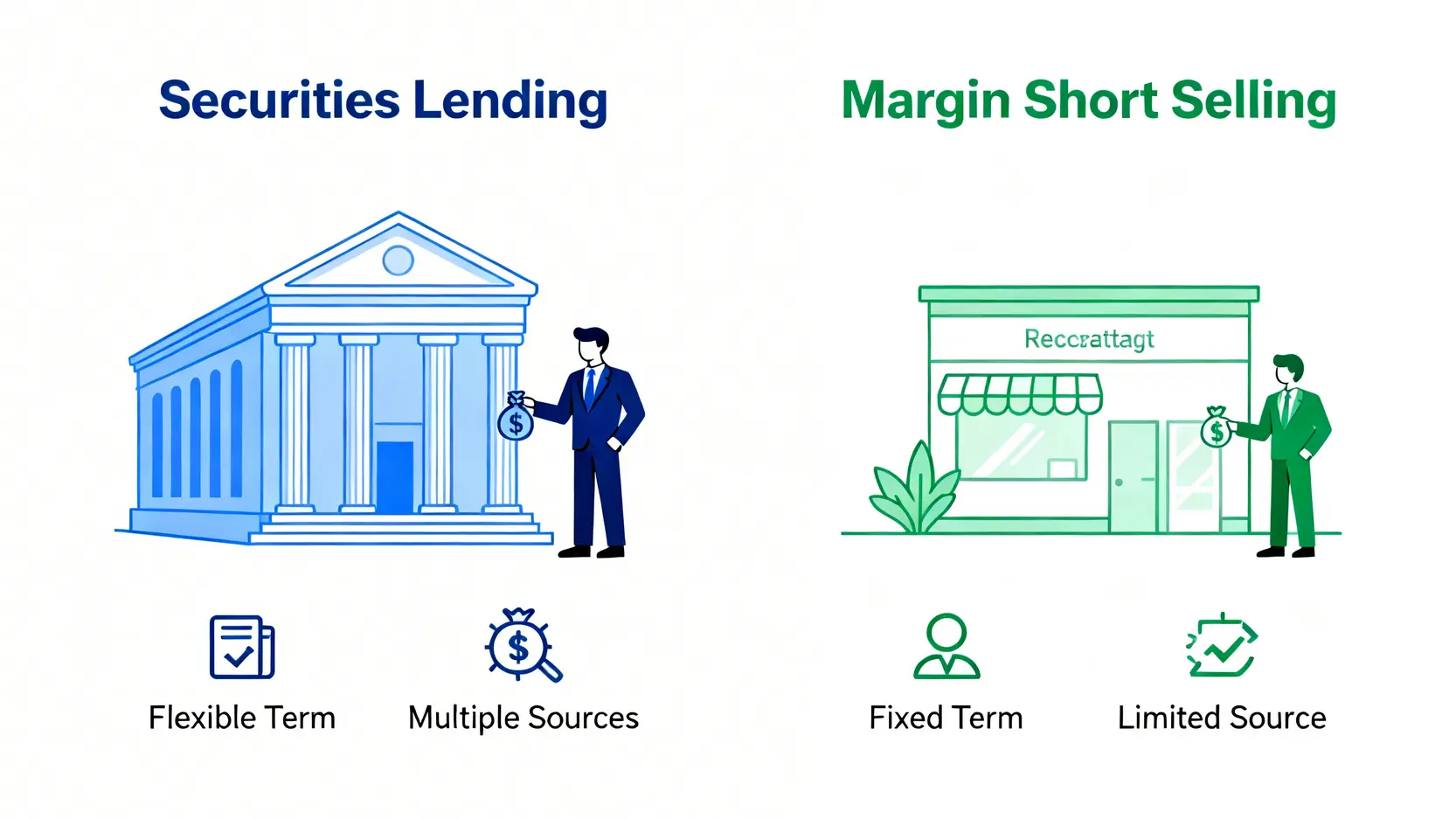 借券賣出是什麼?條件、費用、餘額查詢全攻略,看懂法人動向 借券賣出與融券賣出的核心差異對比圖,顯示兩者在券源、主要參與者和靈活性上的不同。