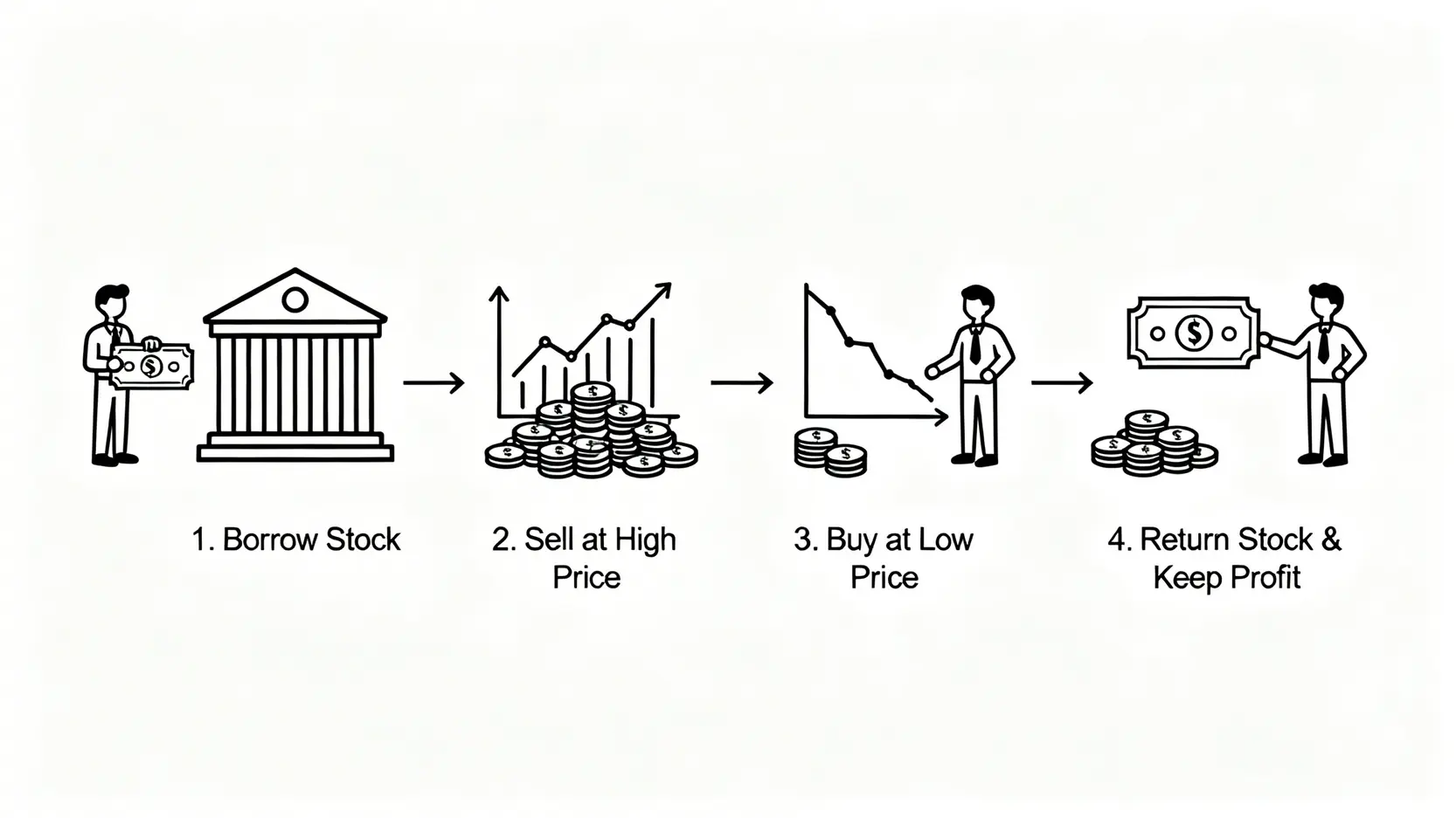 借券賣出是什麼?條件、費用、餘額查詢全攻略,看懂法人動向 借券賣出放空策略的四步驟流程圖,包括借入股票、高價賣出、低價買回、還券賺取價差。
