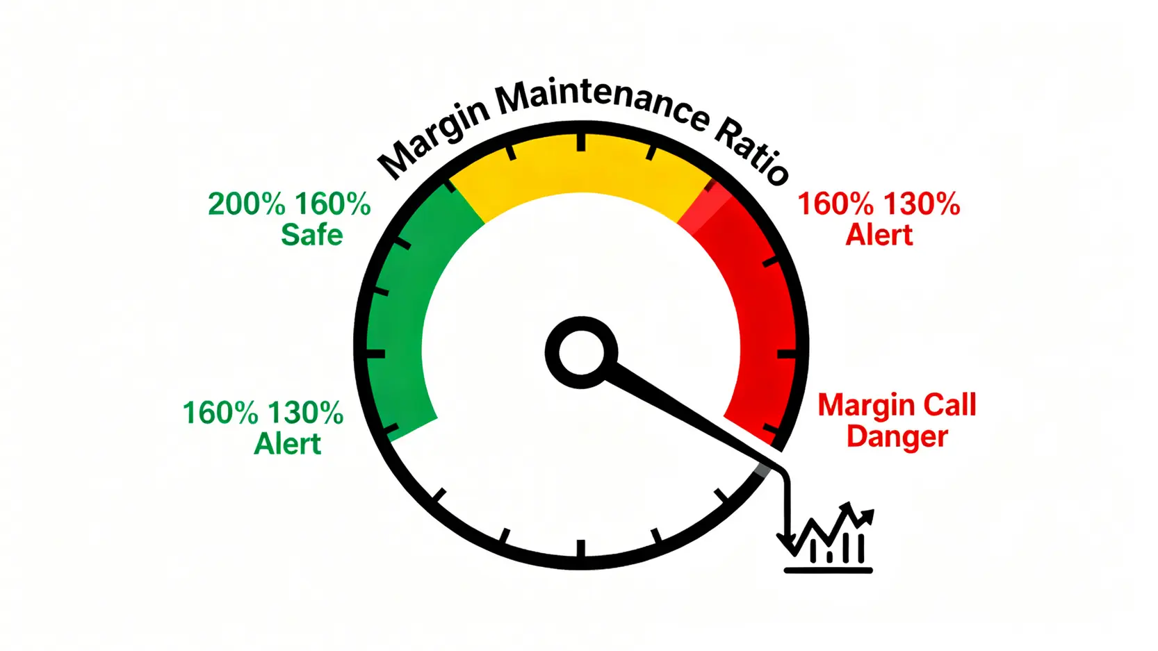融資餘額查詢終極指南:5步驟看懂大盤與個股融資增減的秘密訊號 融資維持率風險警報器示意圖,顯示當股價下跌時,維持率如何從安全區降至130%的斷頭追繳危險區。