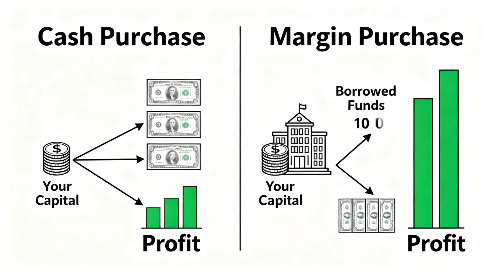 股票融資風險全解析:計算維持率、避免斷頭的自救指南 現股購買與融資購買的獲利能力對比圖,顯示融資能用同樣本金創造更高獲利。