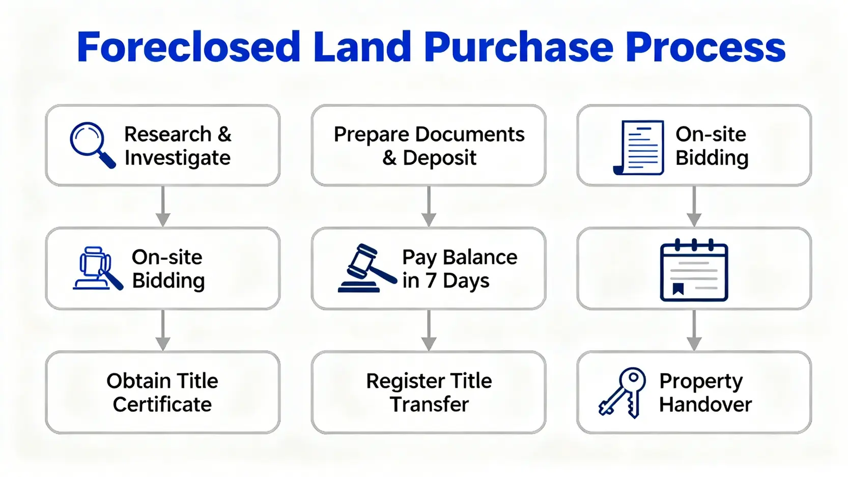 一張說明購買法拍土地完整流程的流程圖，包含篩選物件、準備投標、現場投標、繳清尾款、取得權利證明、辦理過戶和申請點交七個步驟。