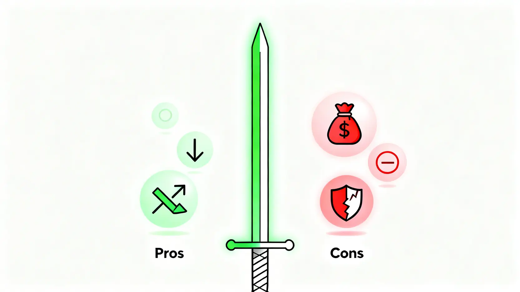 融資當沖教學:5步驟搞懂資券當沖條件、優缺點與開戶資格 融資當沖的優缺點分析圖,以一把雙面刃象徵高獲利與高風險並存。