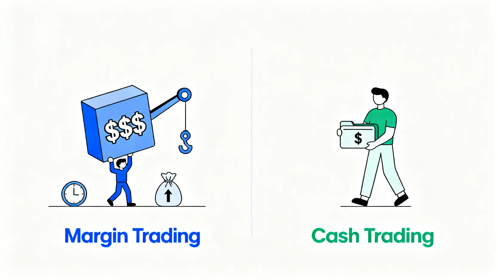 融資當沖教學:5步驟搞懂資券當沖條件、優缺點與開戶資格 融資當沖與現股當沖的差異比較圖,顯示了槓桿大小和資金來源的不同。