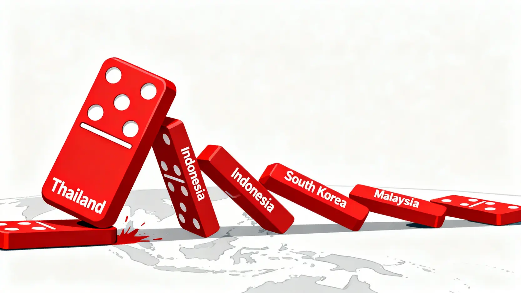 亞洲金融風暴的骨牌效應示意圖，顯示危機從泰國開始蔓延至印尼、韓國、馬來西亞等國。