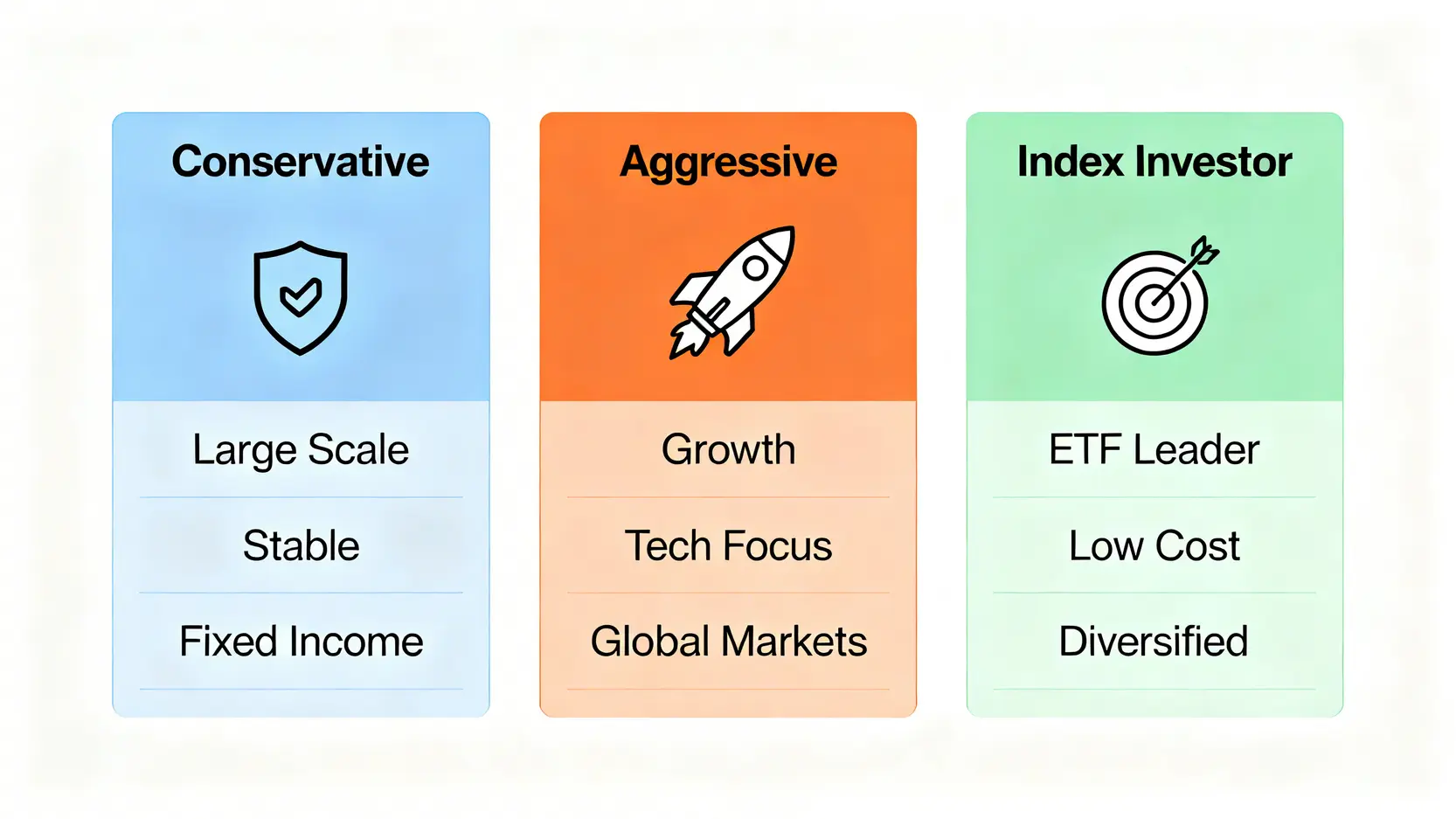 【投信公司怎麼選】2026台灣投信公司排名TOP10,5大指標選對基金公司! 一張對比圖,比較保守型、積極成長型、指數化三種投資人適合的基金公司類型與特色。