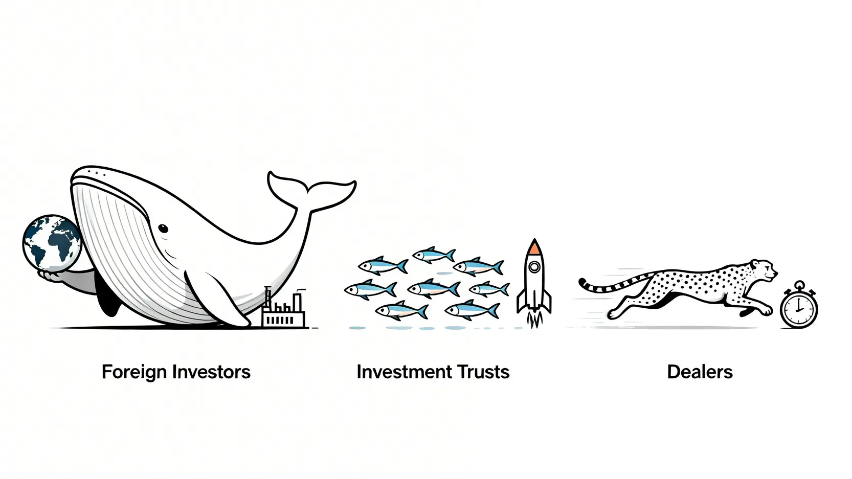 三大法人是誰?5分鐘看懂法人買賣超與籌碼分析,抓準主力動向! 三大法人角色示意圖,包含代表外資的鯨魚、代表投信的魚群、以及代表自營商的獵豹。