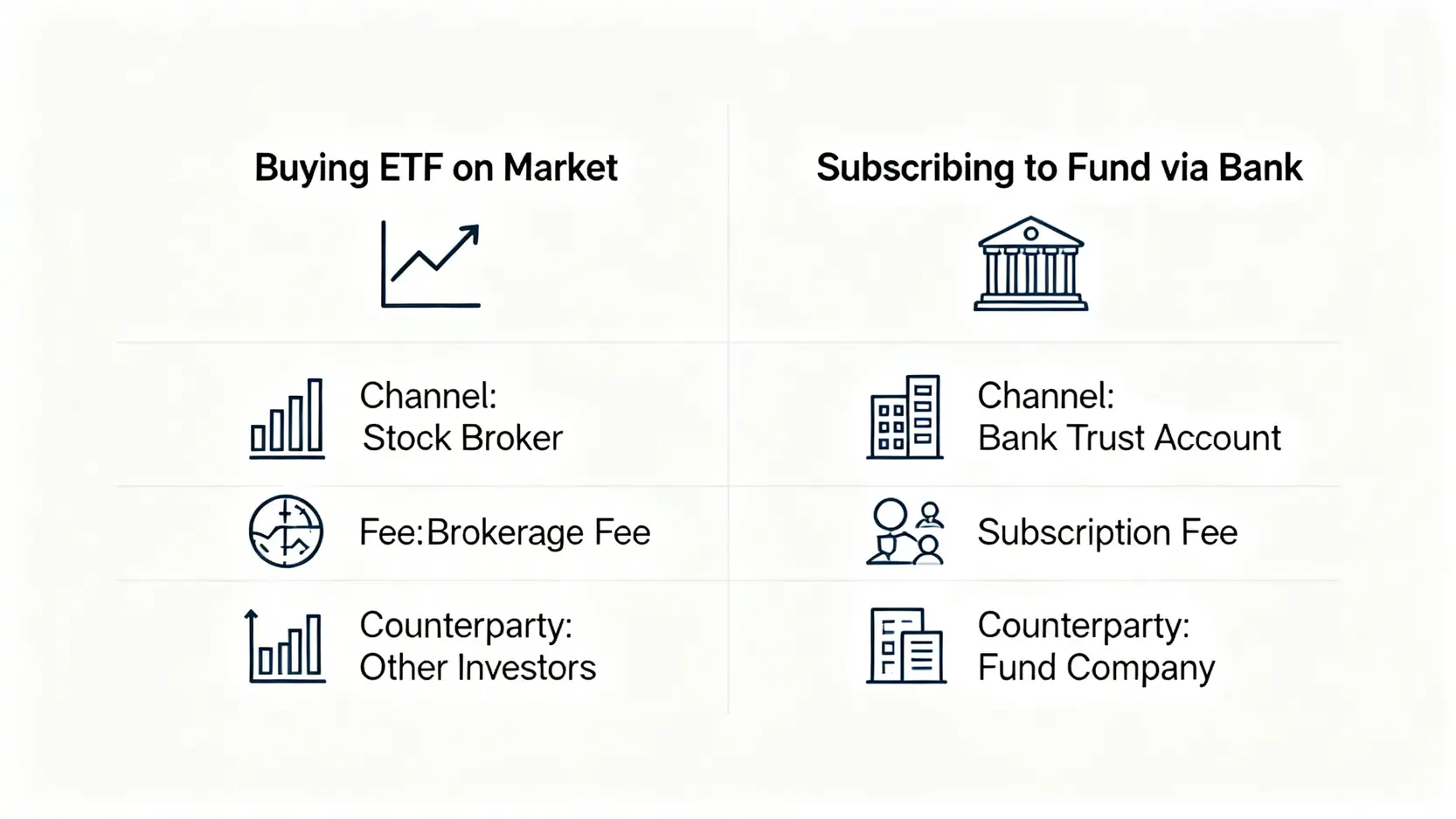 【中信投信基金全攻略】PTT評價、熱門ETF績效與申購流程一次看 一張圖表比較在股市買ETF與透過銀行申購基金的差異,包括交易管道、費用結構和交易對象的不同。