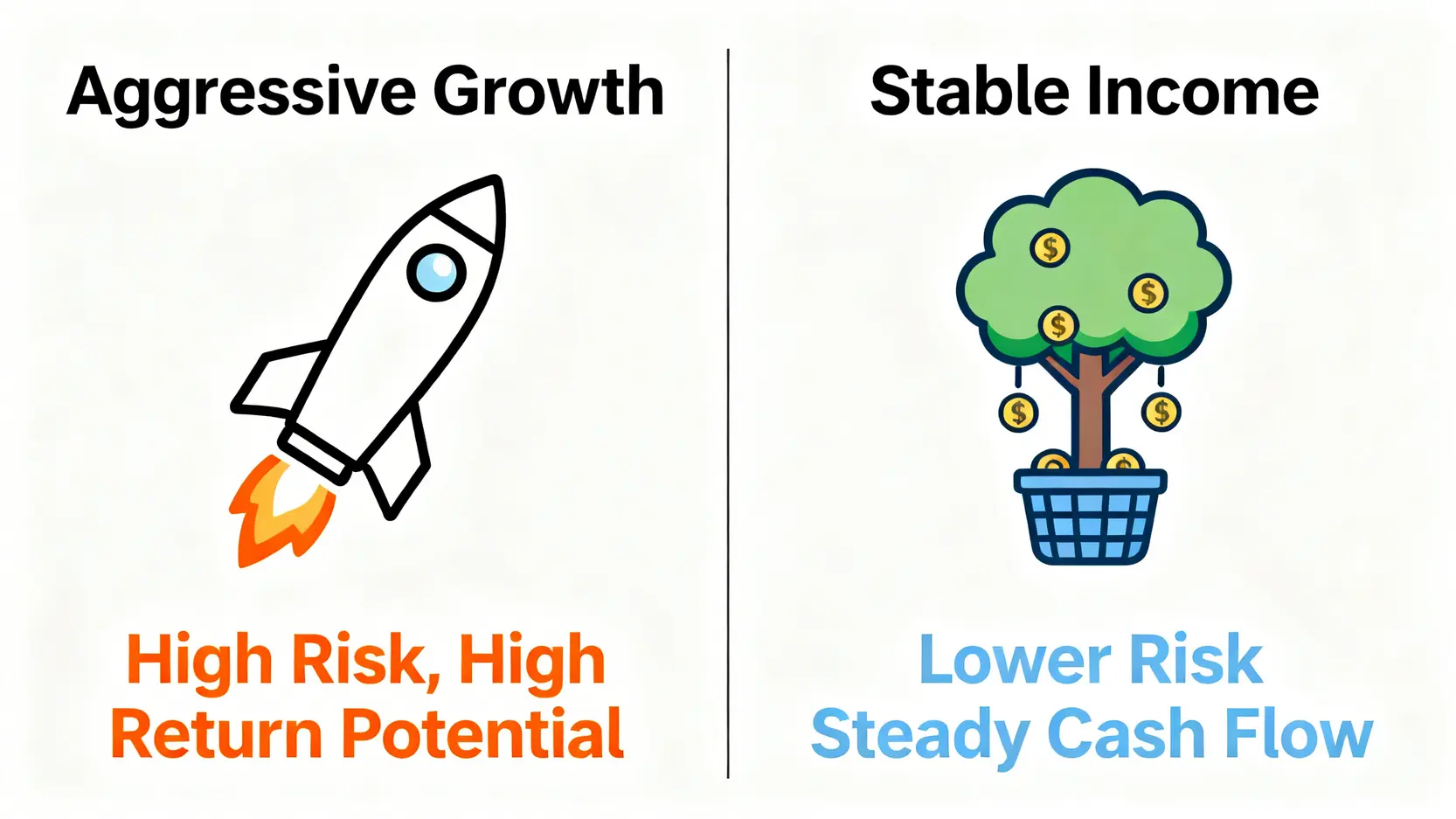 統一投信基金績效全解析:5檔熱門基金推薦與官網查詢教學 積極成長型基金與穩健收益型基金的策略對比圖,一邊是代表高風險高報酬的火箭,另一邊是代表穩定現金流的搖錢樹。