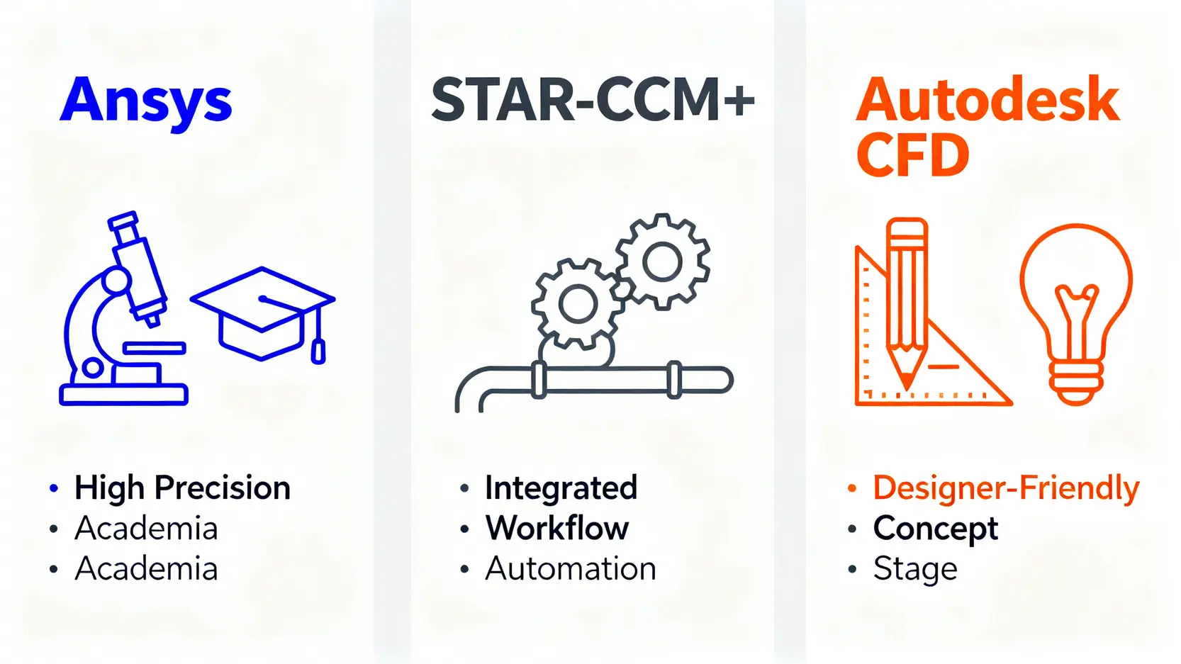 Ansys CFD入門教學:一篇搞懂CFD是什麼、基礎操作與3大軟體推薦 主流CFD軟體比較圖,展示Ansys、Simcenter STAR-CCM+和Autodesk CFD三者在功能定位上的差異。