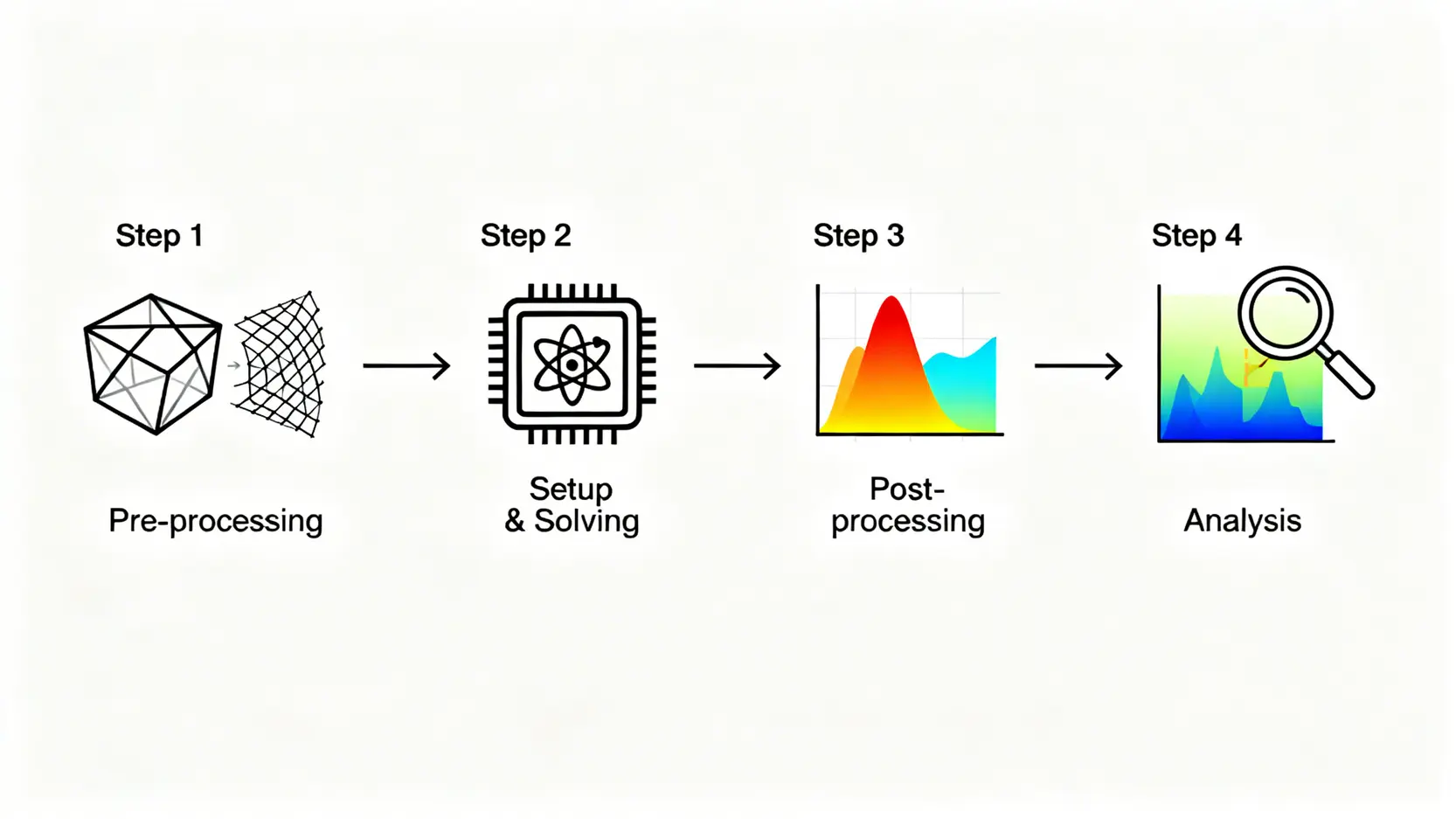 Ansys CFD終極指南:一篇搞懂熱流分析、流場模擬與案例應用 Ansys CFD 熱流分析的四個主要步驟流程圖,包含前處理、設定與求解、後處理與分析。