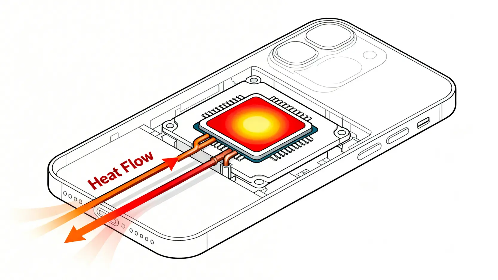 Ansys CFD終極指南:一篇搞懂熱流分析、流場模擬與案例應用 智慧型手機內部熱流分析示意圖,顯示CPU晶片的熱點與透過散熱元件的熱傳導路徑。