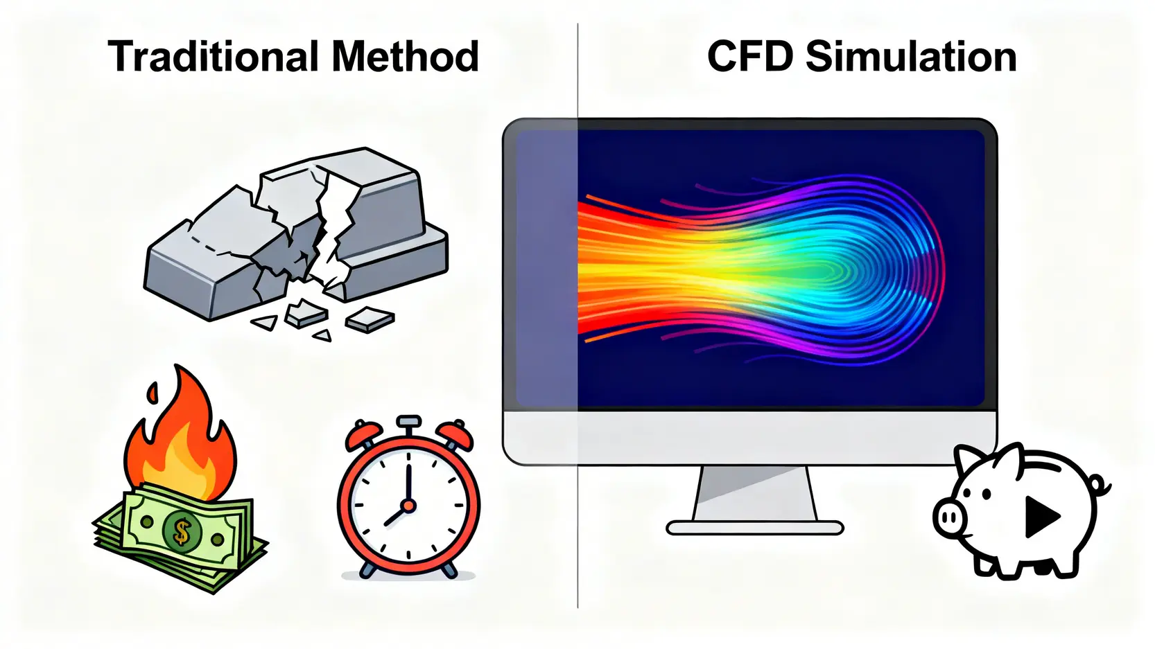 Ansys CFD終極指南:一篇搞懂熱流分析、流場模擬與案例應用 傳統試誤法與CFD模擬法的開發流程對比圖,突顯CFD在成本與時間上的優勢。
