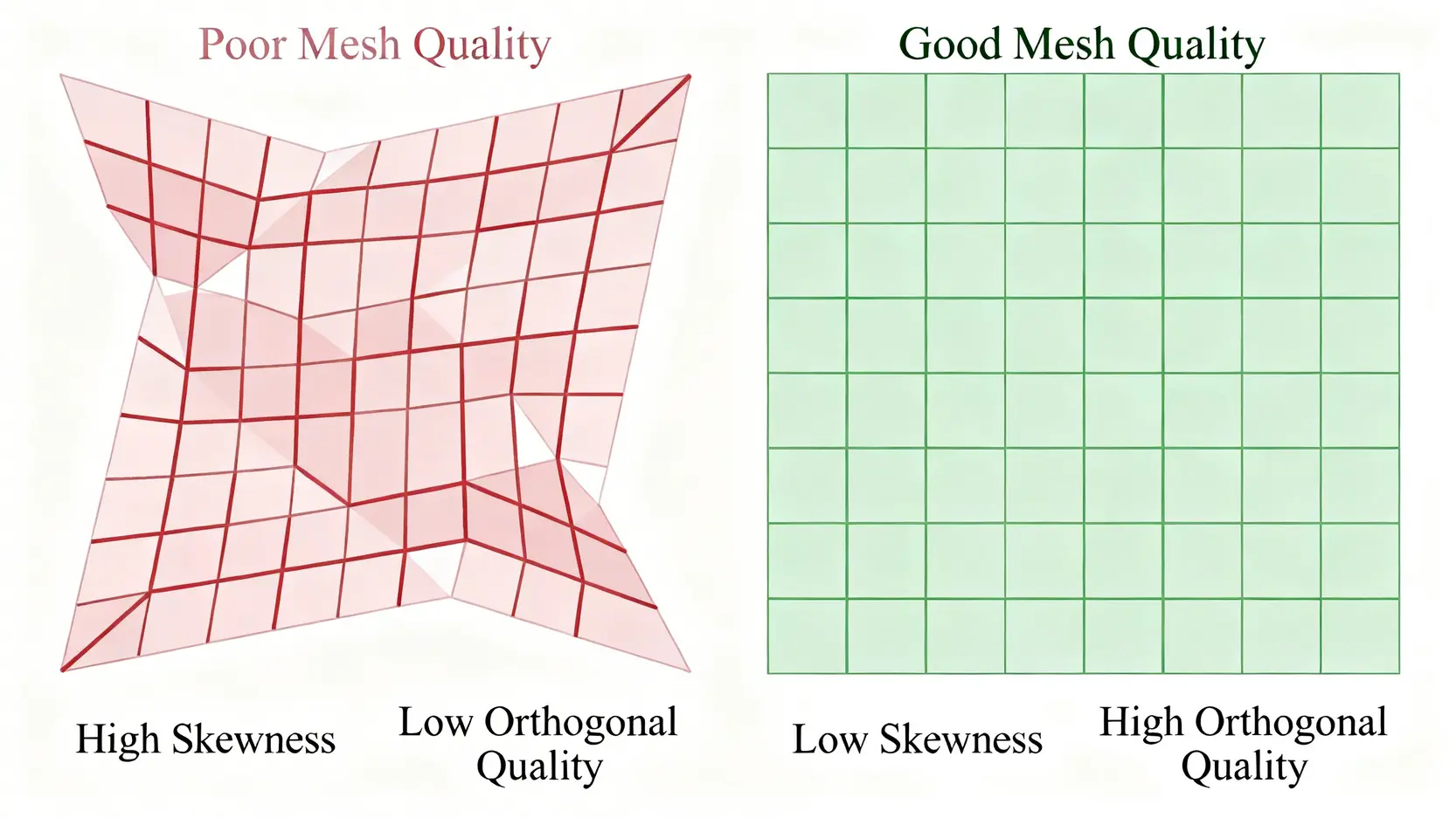 Ansys CFD模擬錯誤完全指南:從收斂問題到結果分析的5大解決策略 一張對比圖,展示了品質差的CFD網格(歪斜、不正交)與品質好的CFD網格(均勻、方正)的區別。