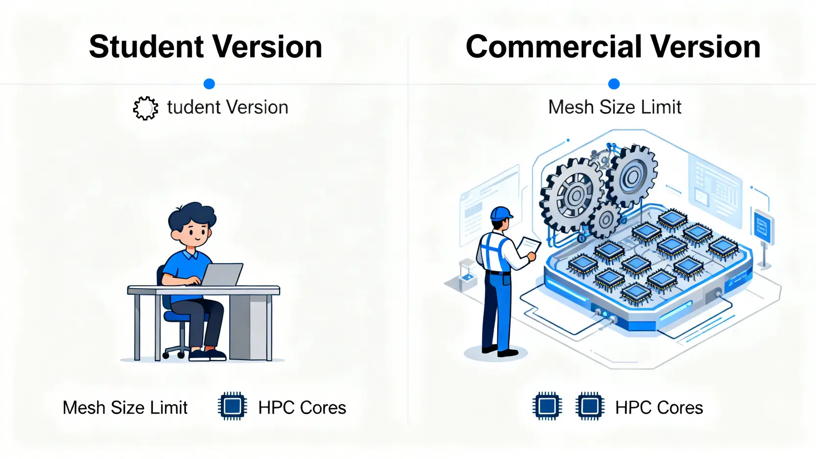 AnsysCFD價格大揭密:學生版如何免費下載?商業授權費用要多少? Ansys 學生版與商業版功能差異對比圖,顯示網格數與CPU核心數的限制。