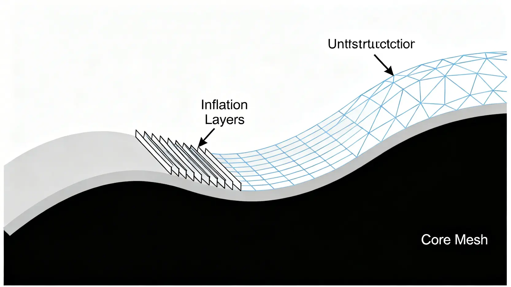 Ansys CFD模擬教學:從網格劃分到邊界條件設定的5大關鍵步驟 一張展示邊界層網格(Inflation)技術的概念圖,顯示了在物體表面附近生成的精細分層網格與核心區域的粗糙網格。
