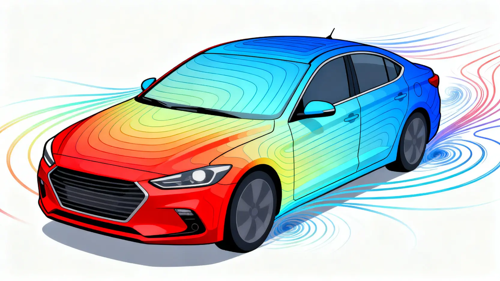 Ansys Fluent教學全攻略:一篇搞懂與CFX的選擇難題與應用案例 一輛汽車的空氣動力學CFD模擬結果示意圖,顯示了車身周圍的壓力分佈和空氣流線。